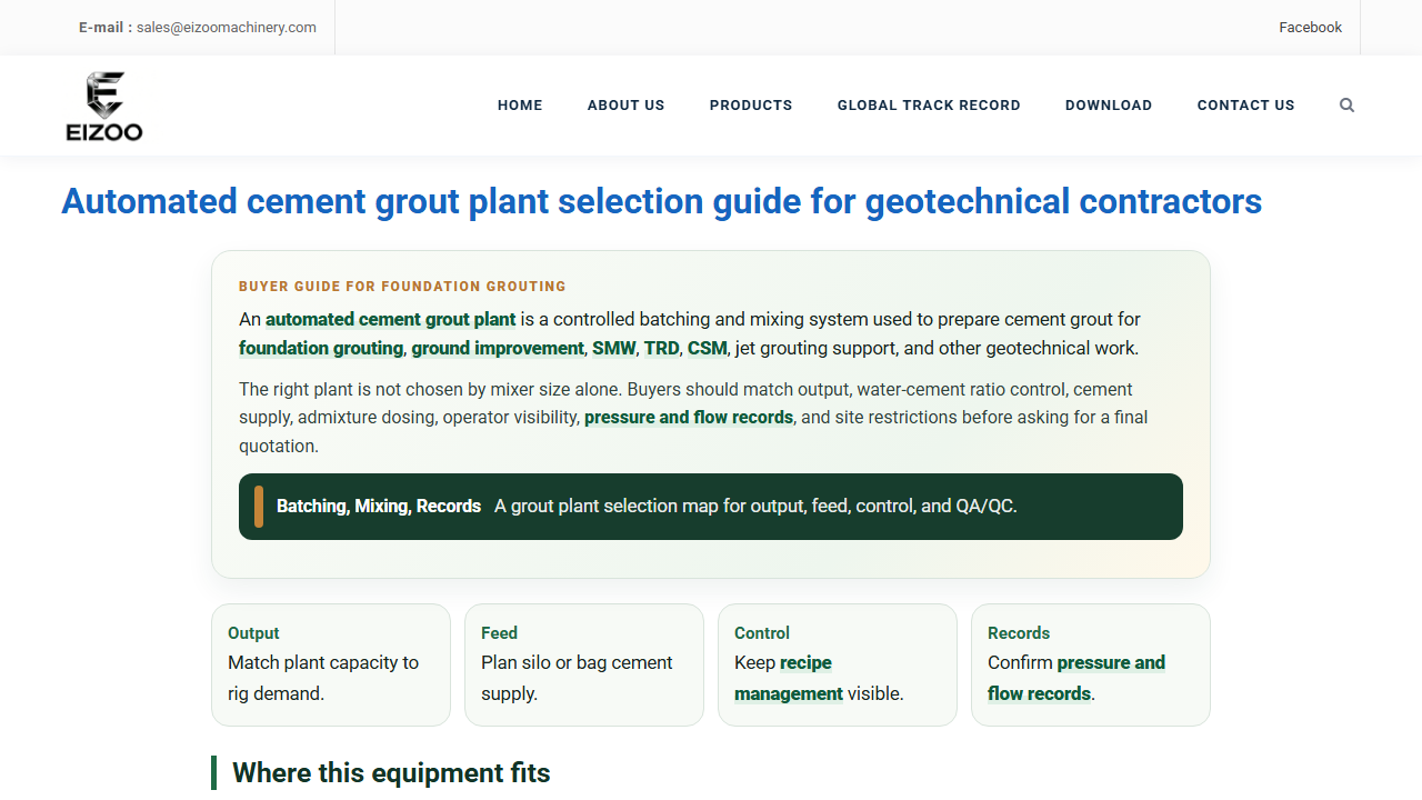 Automated cement grout plant on a prepared pad with delivery access planned, Eizoo Machinery